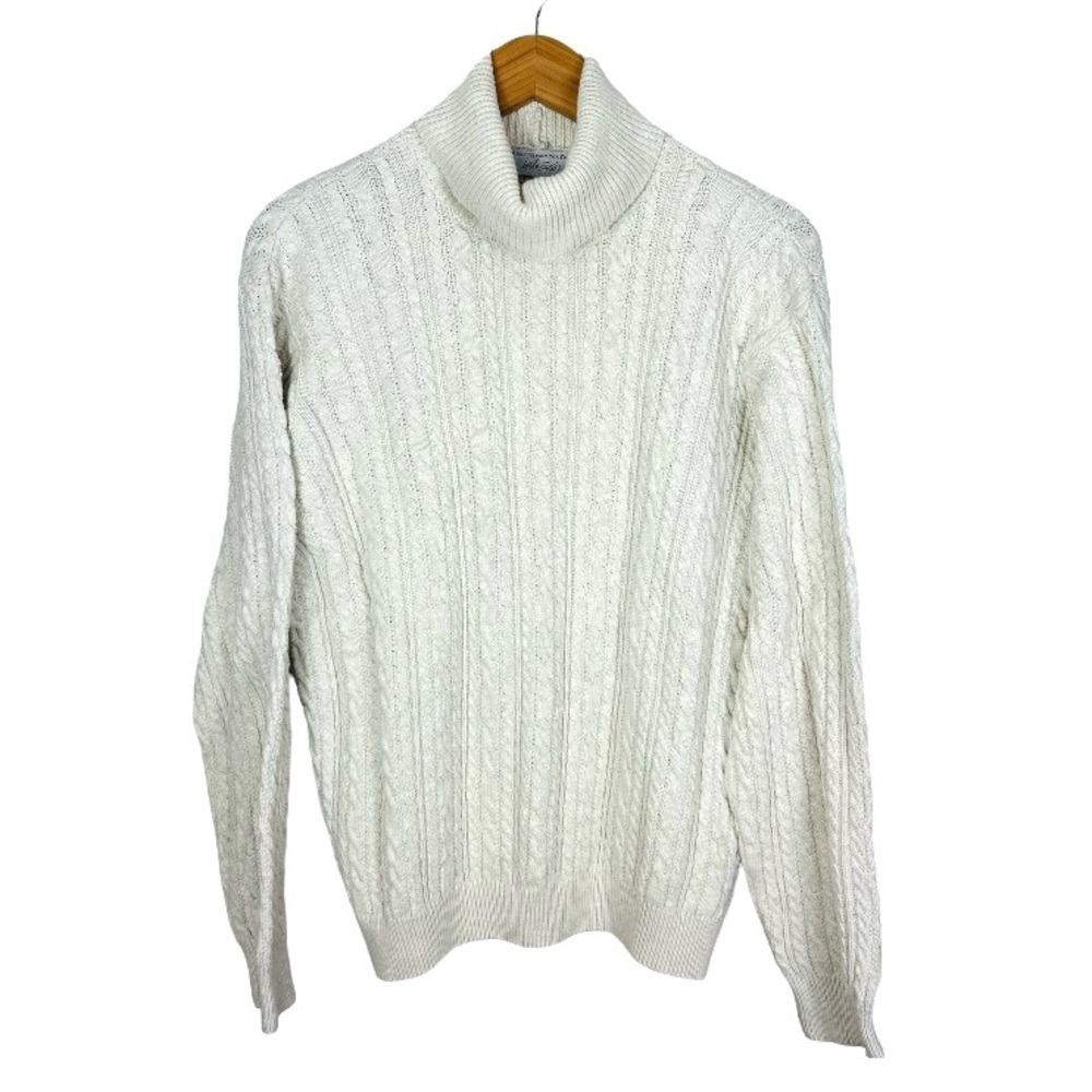 Vintage Lord & Taylor Cotton Cableknit Sweater Size large Cream Turtleneck Cream